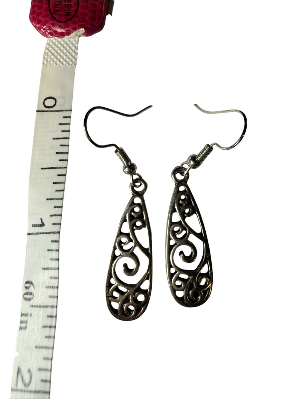 Silver Filigree Teardrop Swirl Dangle Earrings Whimsygoth Openwork Scrollwork - Picture 4 of 7